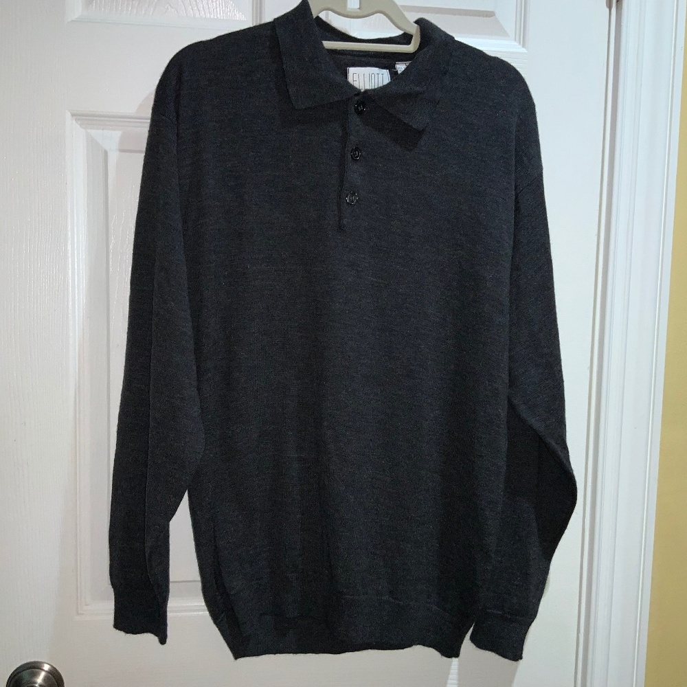 Elliott grey wool blend long sleeve knit polo Sz L collar